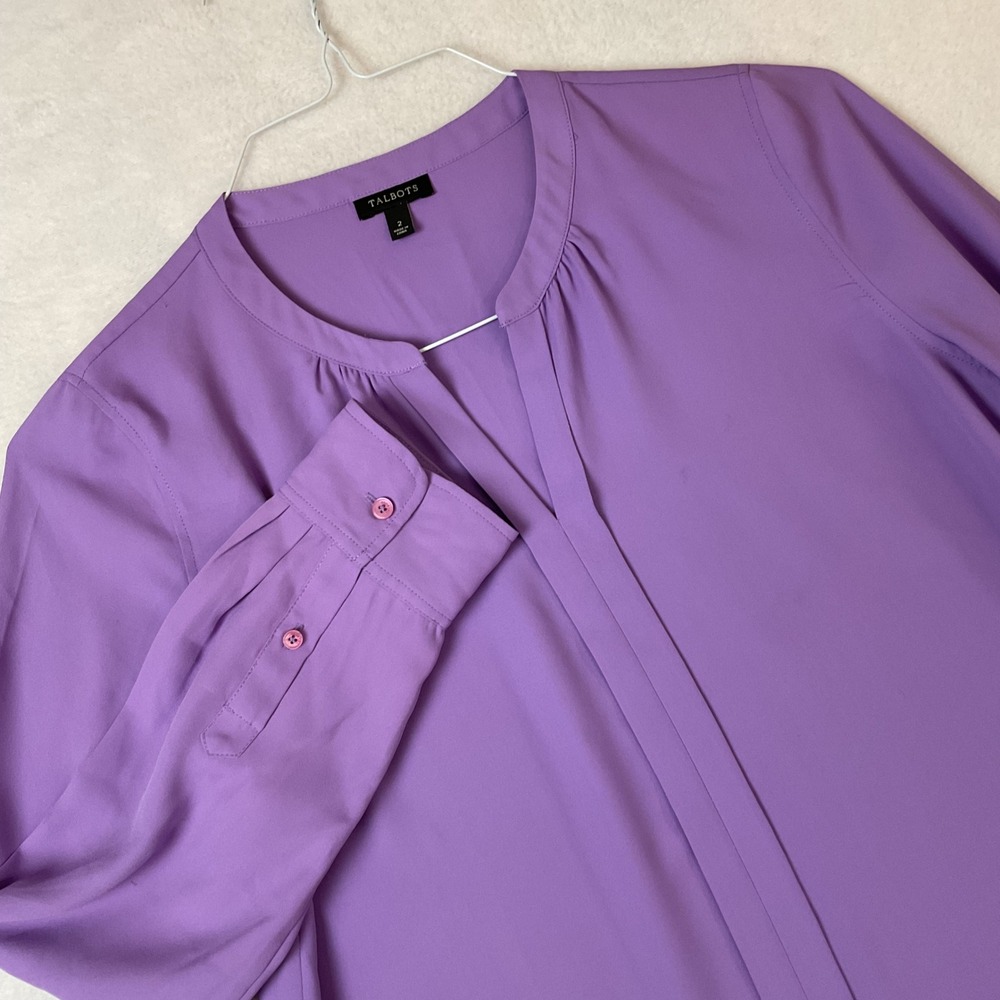 Talbots Womens Purple Split Neck Pleated Front Long Sleeve Blouse Size 2 Purple